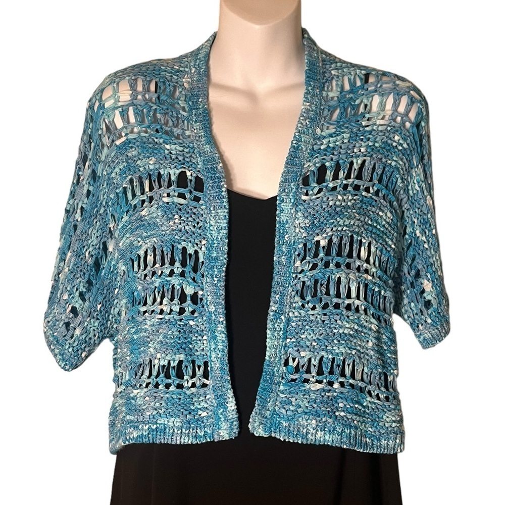 Chico's cropped woven ocean blues short sleeve cardigan sweater